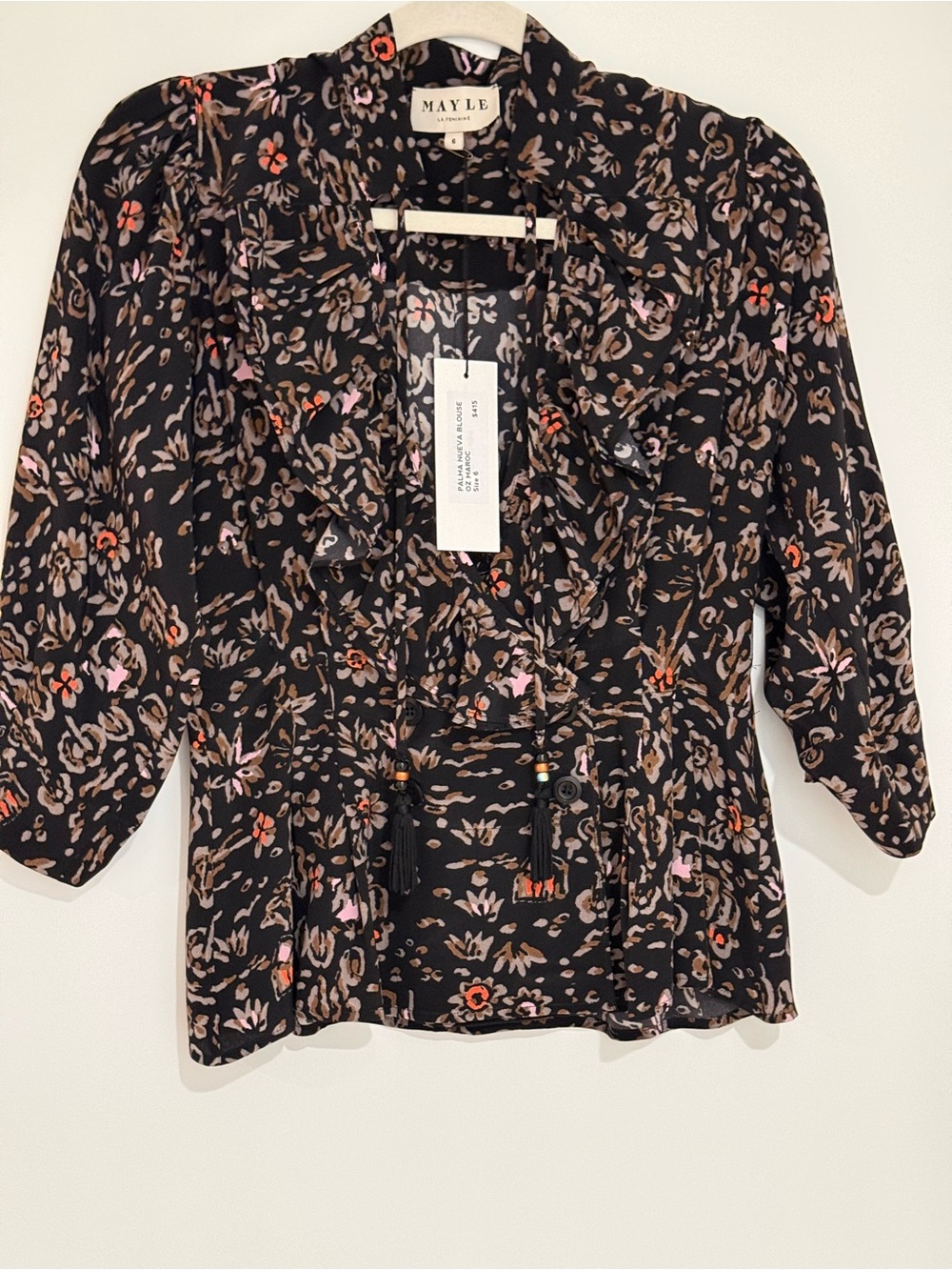 Mayle Black Floral Ruffle Tie-Front Blouse with Tassels - Picture 2 of 6